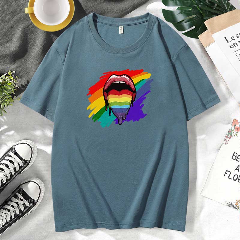 Women Casual Lips Print Cotton Plus Size Short Sleeve T-Shirt