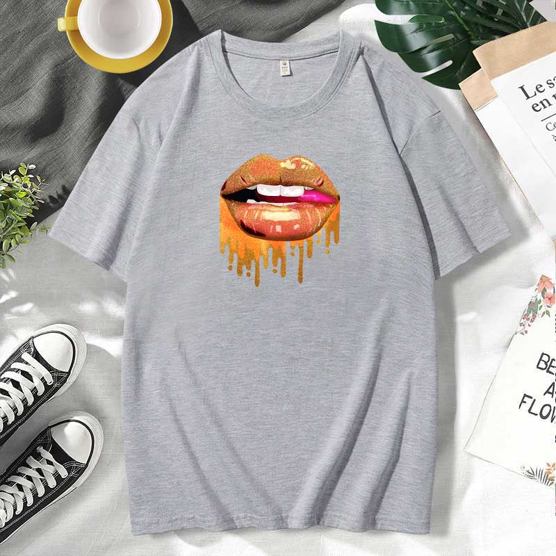 Camiseta informal de algodón con estampado de labios para mujer, talla grande, manga corta