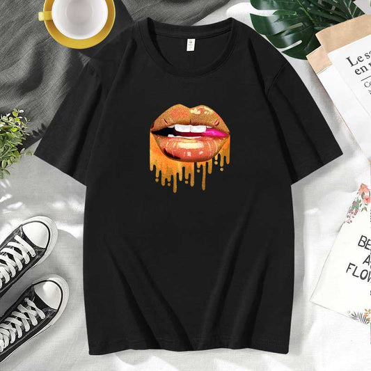 Camiseta informal de algodón con estampado de labios para mujer, talla grande, manga corta