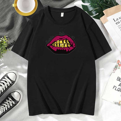 Women Casual Lips Print Cotton Plus Size Short Sleeve T-Shirt