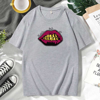 Women Casual Lips Print Cotton Plus Size Short Sleeve T-Shirt