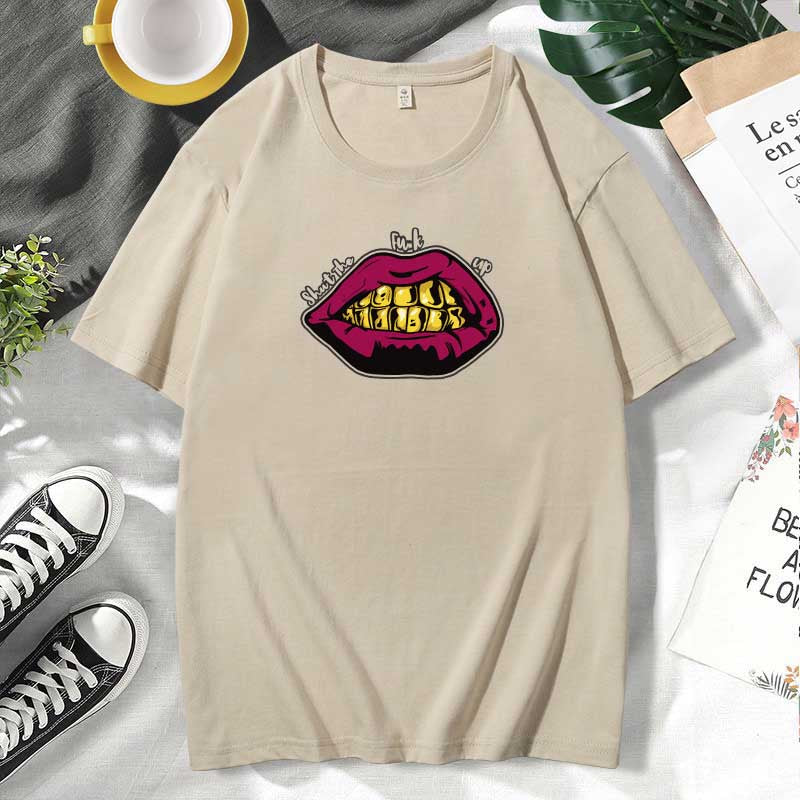 Women Casual Lips Print Cotton Plus Size Short Sleeve T-Shirt