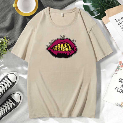 Women Casual Lips Print Cotton Plus Size Short Sleeve T-Shirt