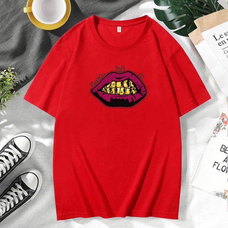 Women Casual Lips Print Cotton Plus Size Short Sleeve T-Shirt
