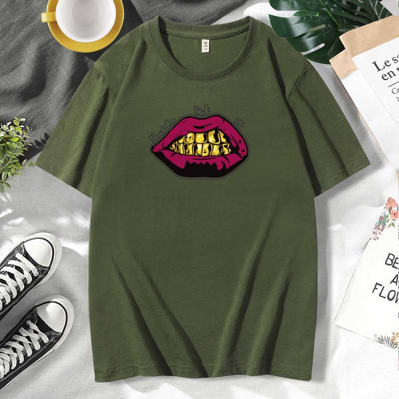 Women Casual Lips Print Cotton Plus Size Short Sleeve T-Shirt