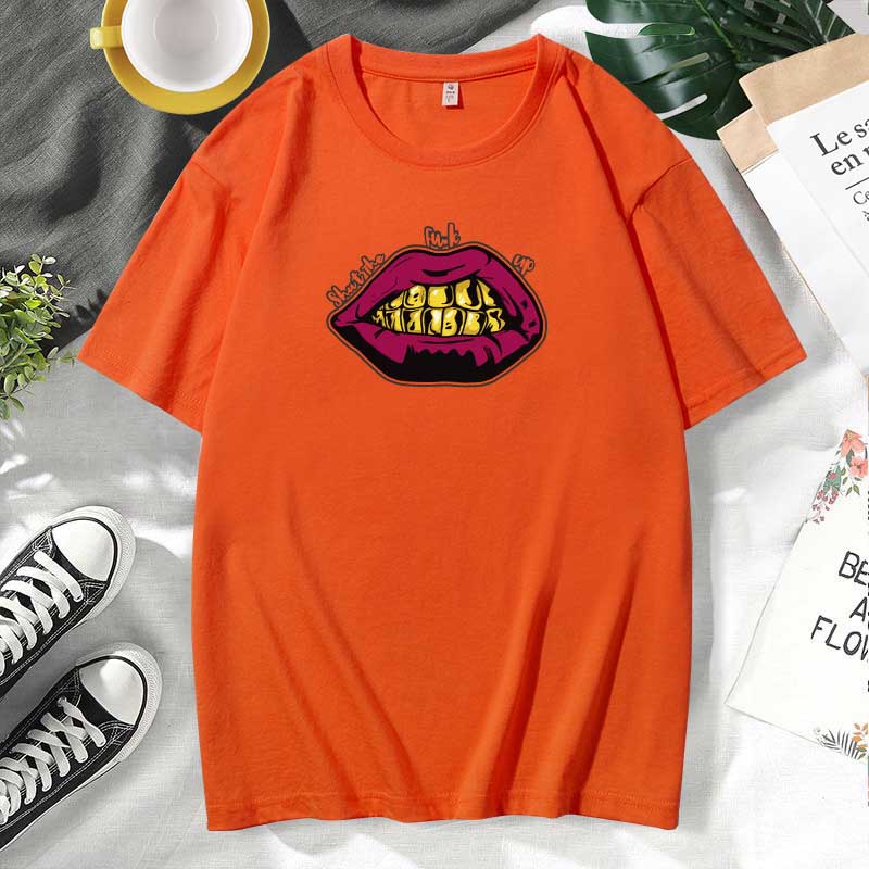 Women Casual Lips Print Cotton Plus Size Short Sleeve T-Shirt