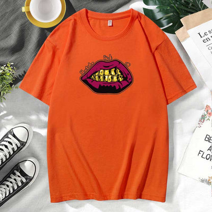 Women Casual Lips Print Cotton Plus Size Short Sleeve T-Shirt
