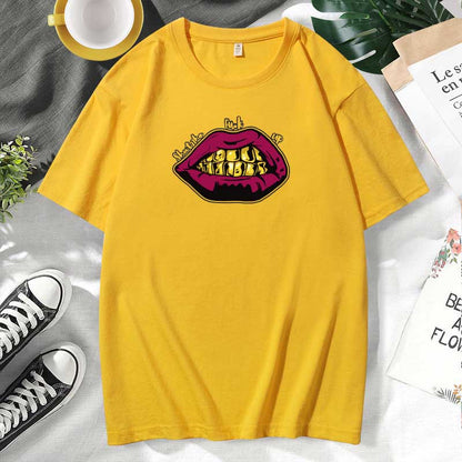 Women Casual Lips Print Cotton Plus Size Short Sleeve T-Shirt