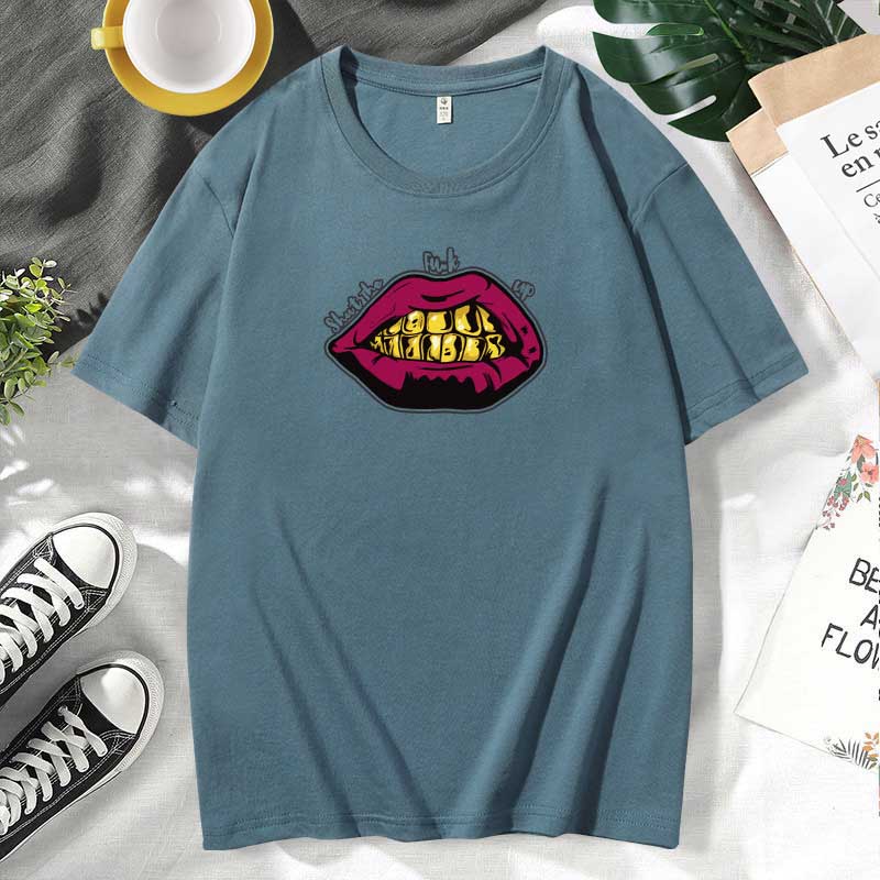 Women Casual Lips Print Cotton Plus Size Short Sleeve T-Shirt