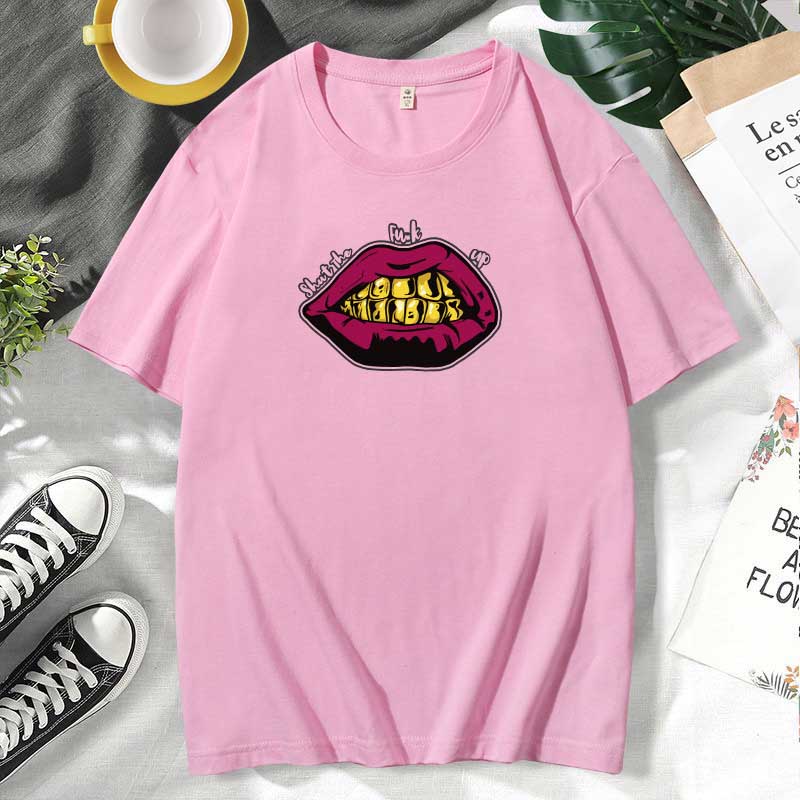 Women Casual Lips Print Cotton Plus Size Short Sleeve T-Shirt