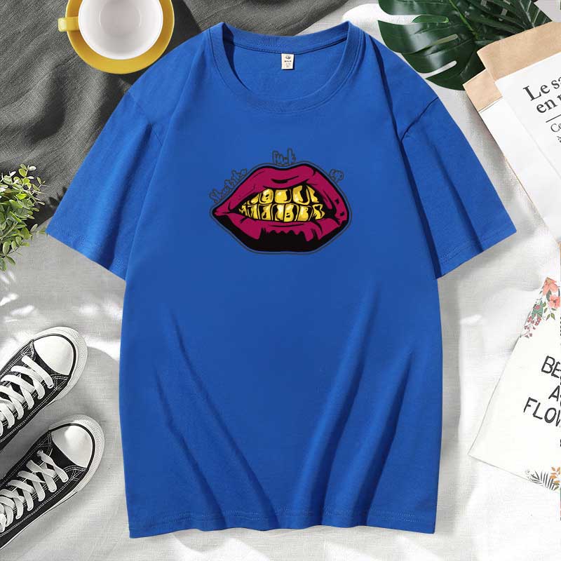 Women Casual Lips Print Cotton Plus Size Short Sleeve T-Shirt