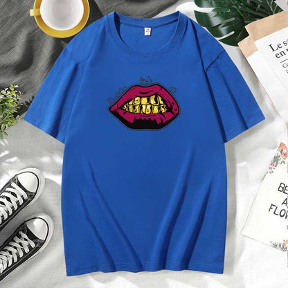Women Casual Lips Print Cotton Plus Size Short Sleeve T-Shirt
