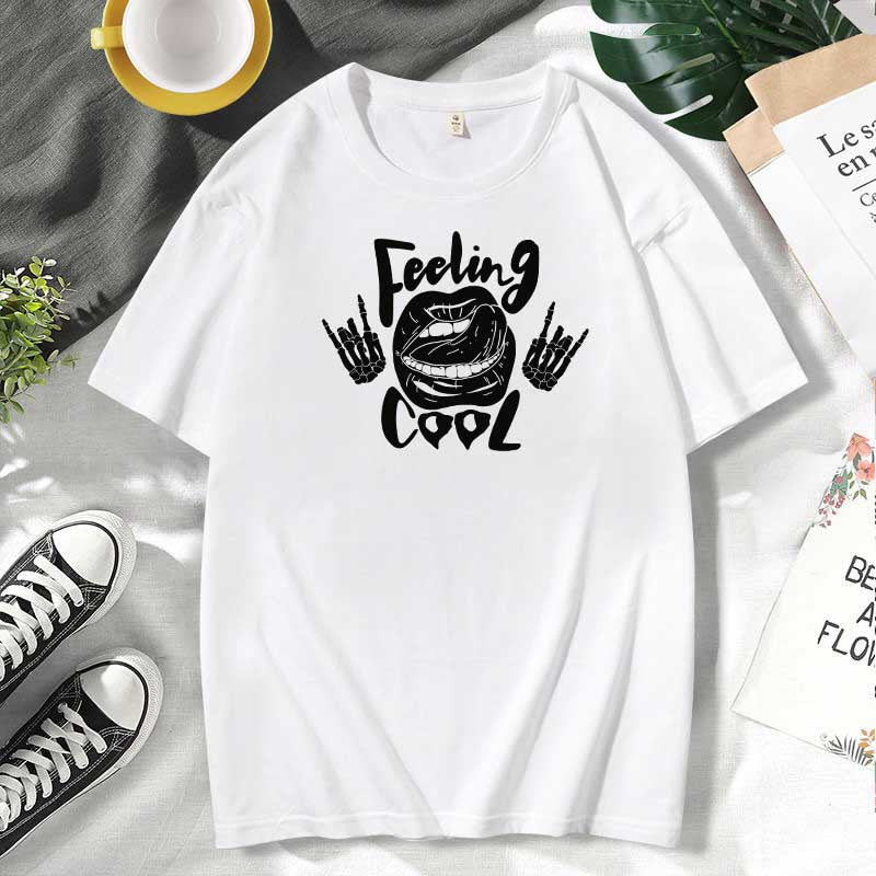 Women Casual Lips Print Cotton Plus Size Short Sleeve T-Shirt