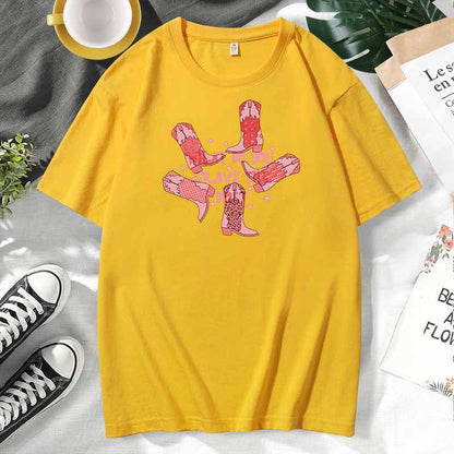 Camiseta de manga corta de algodón con estampado informal de estilo occidental para mujer, talla grande