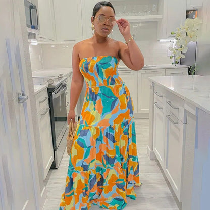 Women Fashion Casual Sexy Printed Loose Tube Top Dress