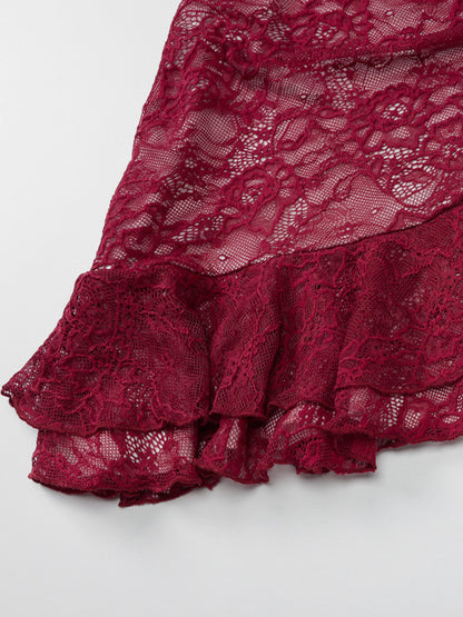 Lace Bodycon Dress In Burgundy Sleeveless Ruffles Hem Sexy Mini Club Dress For Women 2026