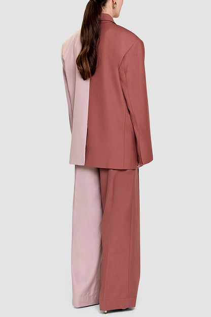 Girl Boss Avant-garde Contrast Colors Lapel Boyfriend Blazer and Pocketed Wide Leg Pants Set