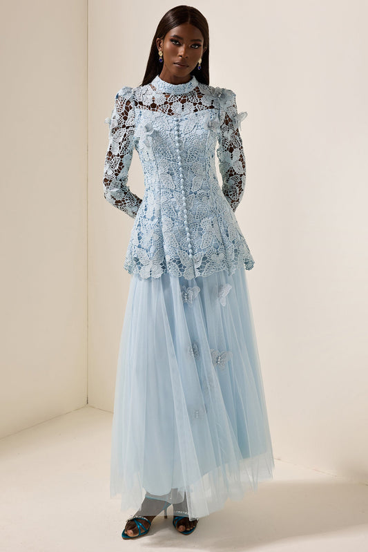 Embroidery Solid Top & Mesh Midi Skirt Set