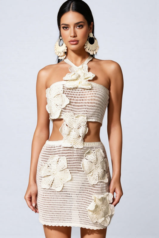 Olive Hollow Out Flowers Sleeveless Mini Dress
