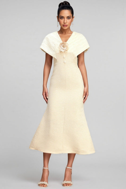 Talisd V-Neck Flower Folds Fishtail Midi Dress