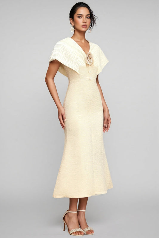 Talisd V-Neck Flower Folds Fishtail Midi Dress