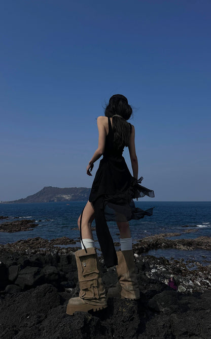 Layered Mesh Hem Dress with Raw Draping