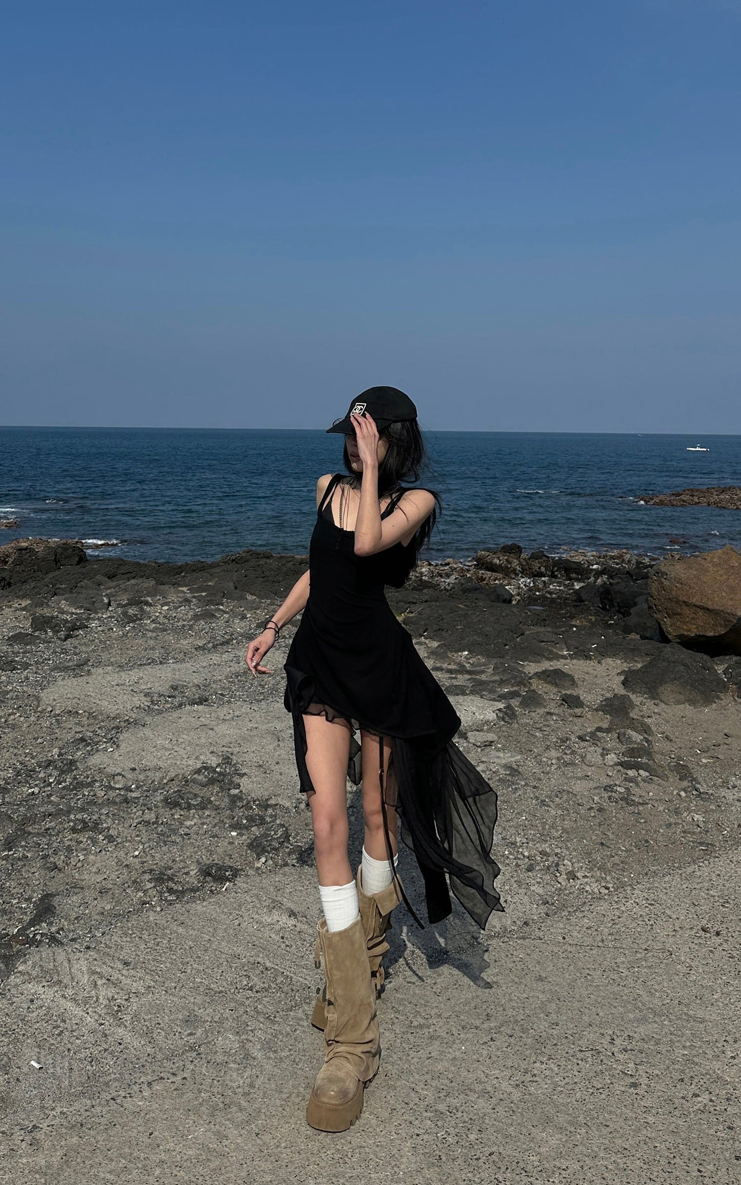 Layered Mesh Hem Dress with Raw Draping