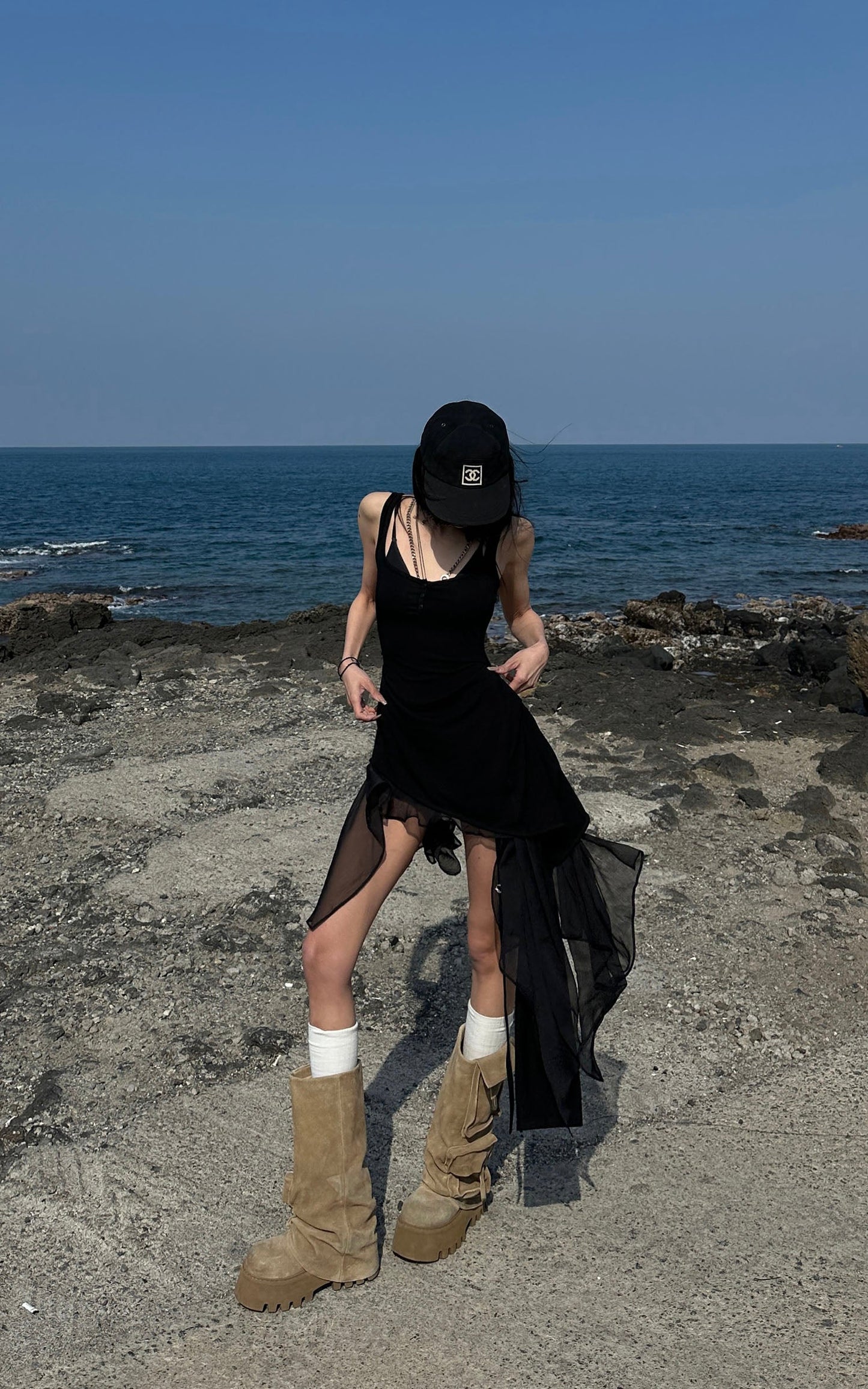 Layered Mesh Hem Dress with Raw Draping