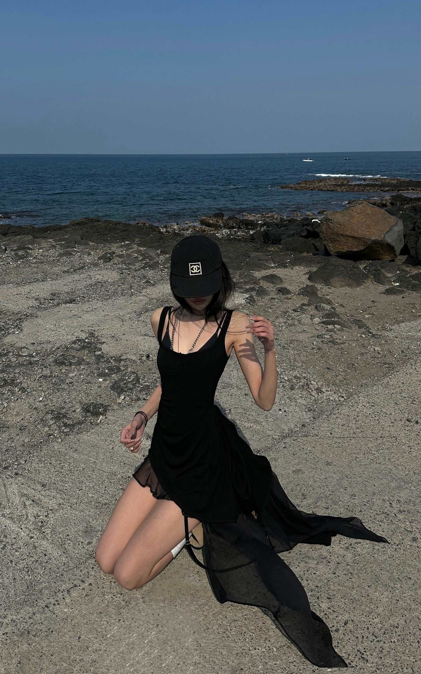 Layered Mesh Hem Dress with Raw Draping