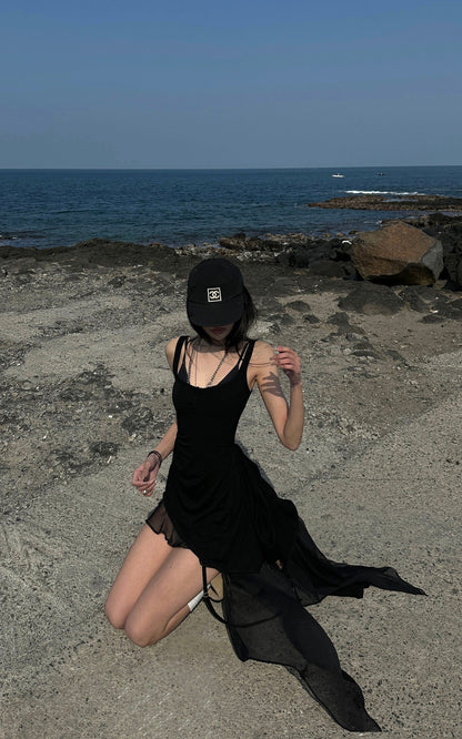 Layered Mesh Hem Dress with Raw Draping