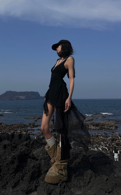 Layered Mesh Hem Dress with Raw Draping