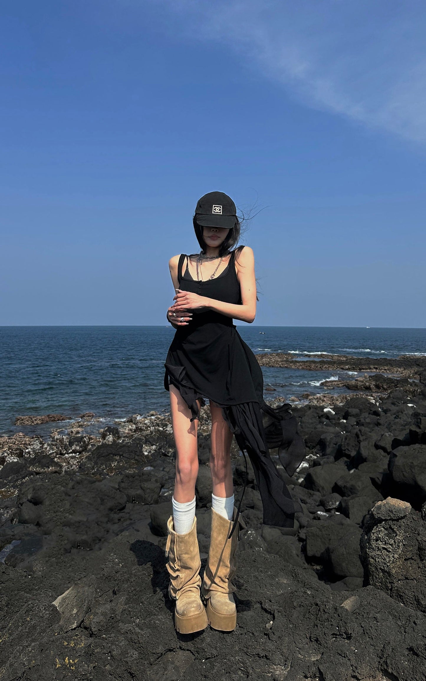 Layered Mesh Hem Dress with Raw Draping