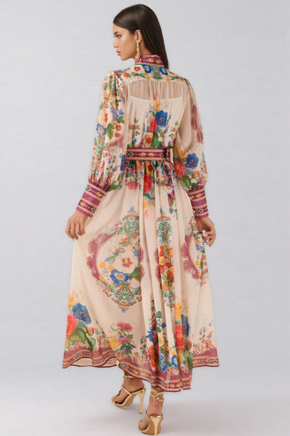 Nichob Stand Collar Lantern Sleeve Midi Dress