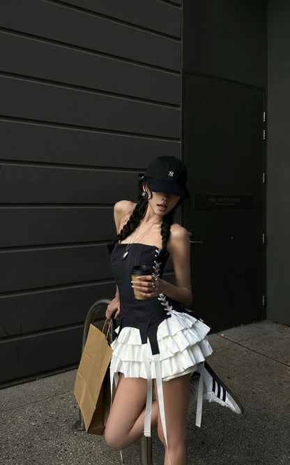 Corset Dress with Tiered Pleated Hem and Side Lace-Up Detail