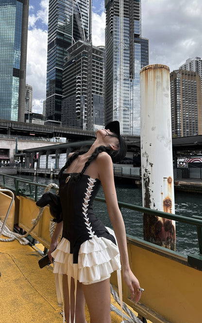 Corset Dress with Tiered Pleated Hem and Side Lace-Up Detail