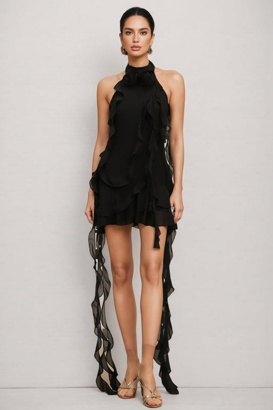 Sabrina Halter Sleeveless Flounce Flowers Mini Dress