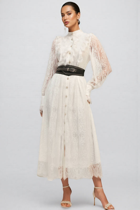 Starsha Long Sleeves Folds Lace Midi Dress
