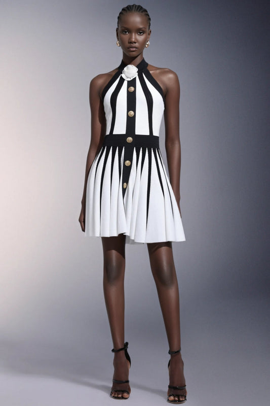 Yairf Flower Halter Stripes Mini Dress