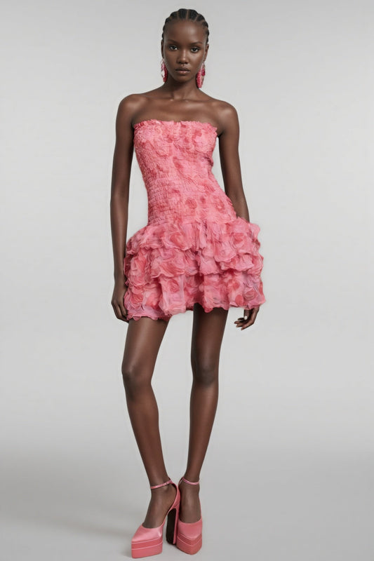 Rivenk 3D Flower Smocking Mini Dress