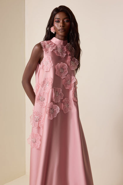 Appliquéd Satin Sleeveless Midi Dress
