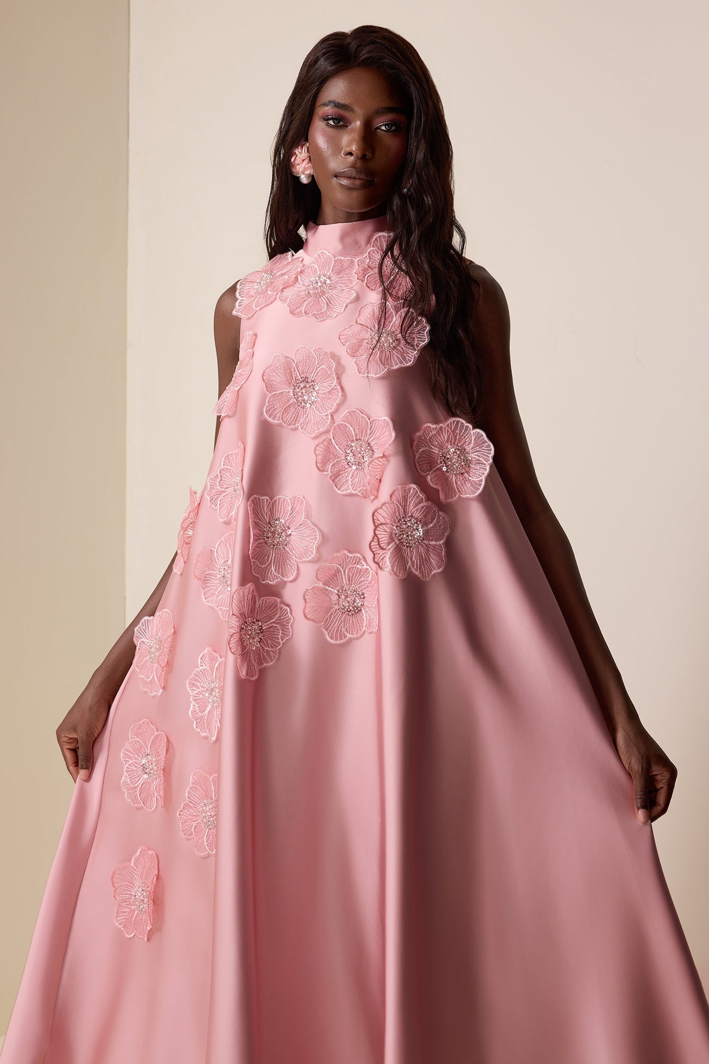 Appliquéd Satin Sleeveless Midi Dress