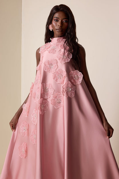 Appliquéd Satin Sleeveless Midi Dress