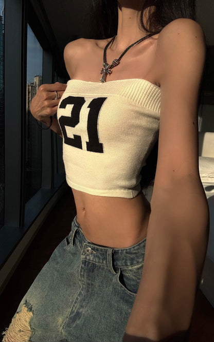 Strapless Knit Tube Top with Bold â€?1â€?Motif
