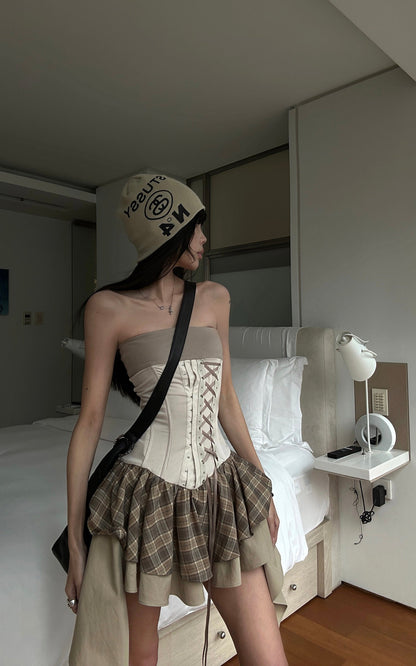 Corset Mini Dress with Plaid Layers
