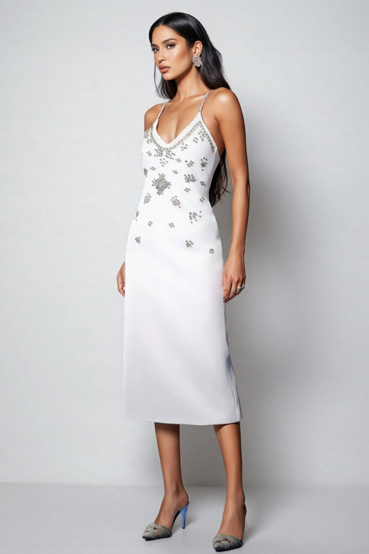 Nymert Deep-V Sleeveless Diamond Backless Midi Dress