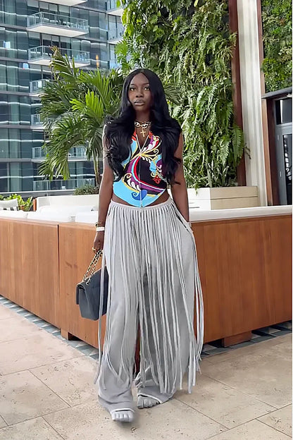 Grey Loose Fringe Pants