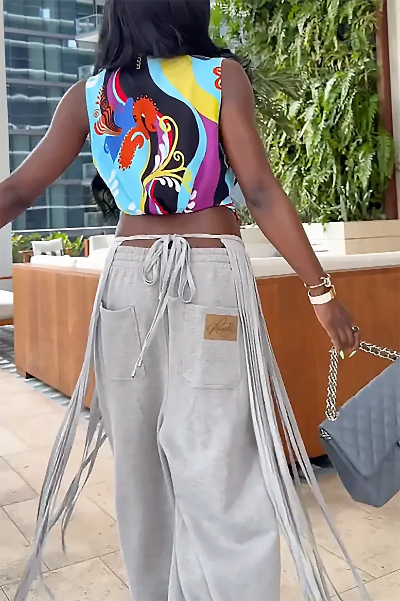 Grey Loose Fringe Pants