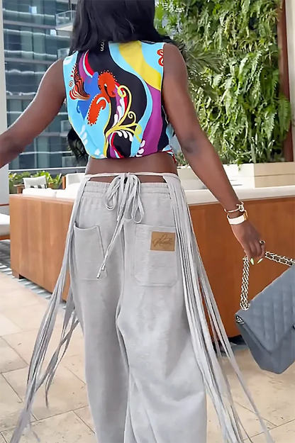 Grey Loose Fringe Pants