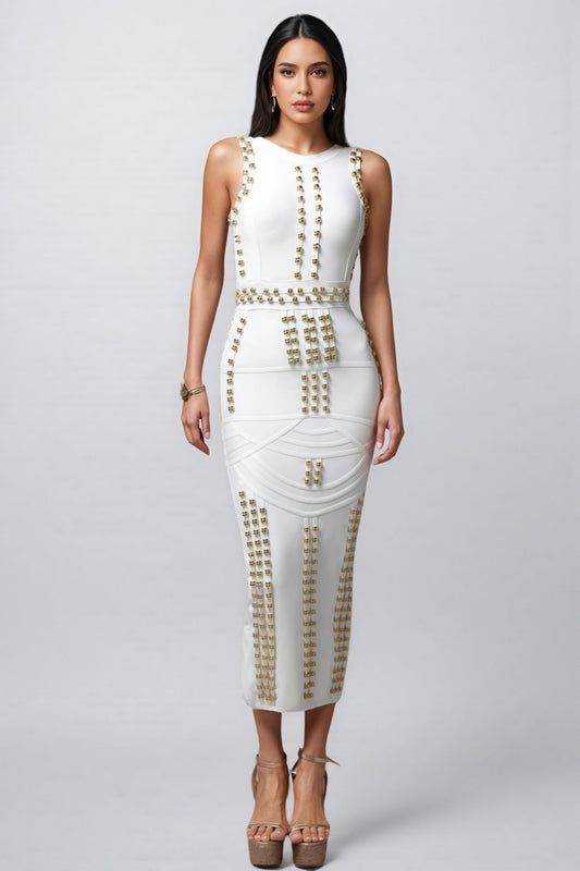 Peyton Round Neck Sleeveless Rivet Bandage Midi Dress