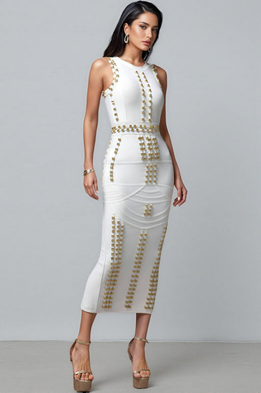 Peyton Round Neck Sleeveless Rivet Bandage Midi Dress